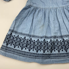 Load image into Gallery viewer, Girls Cotton On, embroidered chambray cotton dress, mark back left skirt, FUC, size 8, L: 65cm