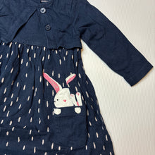 Load image into Gallery viewer, Girls Bluezoo, navy cotton long sleeve dress, rabbits, GUC, size 00, L: 38cm