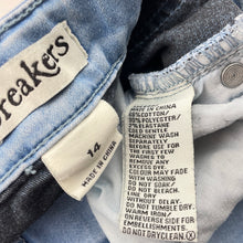 Load image into Gallery viewer, Girls Breakers, flared stretch denim jeans, adjustable, Inside leg: 70cm, marks back right hem, FUC, size 14,  