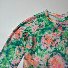 Load image into Gallery viewer, Girls tie dyed, long sleeve rashie / swim top, no size, armpit to armpit: 34cm, armpit to cuff: 43cm, EUC, size 8-10,  