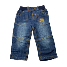 Load image into Gallery viewer, Boys M &amp; Co, lined lightweight denim pants, elasticated, FUC, size 0,  