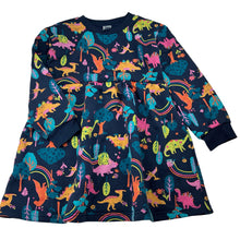 Load image into Gallery viewer, Girls Anko, fleece lined sweater dress, dinosaurs, small mark on chest, FUC, size 6, L: 58cm