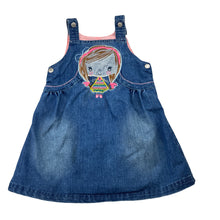 Load image into Gallery viewer, Girls embroidered, denim overalls dress, no labels, armpit to armpit: 28cm, FUC, size 3-4, L: 50cm