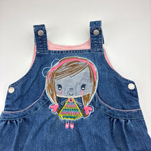 Load image into Gallery viewer, Girls embroidered, denim overalls dress, no labels, armpit to armpit: 28cm, FUC, size 3-4, L: 50cm