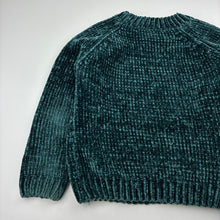 Load image into Gallery viewer, Girls green, chenille chunky knit sweater / jumper, no labels, armpit to armpit: 33cm, shoulder to cuff: 28cm, GUC, size 3-4,  