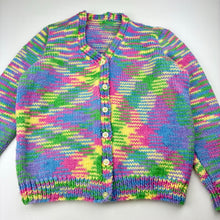 Load image into Gallery viewer, Girls hand made, colourful knitted cardigan, armpit to armpit: 39cm, shoulder to cuff: 42cm, EUC, size 6-7,  