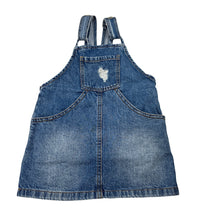Load image into Gallery viewer, Girls 1964 Denim Co, distressed denim overalls dress / pinafore, FUC, size 2, L: 46cm