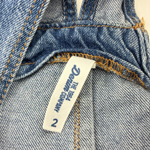 Load image into Gallery viewer, Girls 1964 Denim Co, distressed denim overalls dress / pinafore, FUC, size 2, L: 46cm