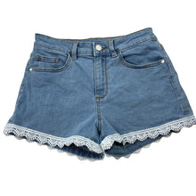 Load image into Gallery viewer, Girls 1964 Denim Co, lace trim stretch denim shorts, W: 32.5cm across, EUC, size 14,  
