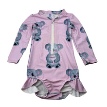 Load image into Gallery viewer, Girls Cheeky Chickadee, long sleeve swim one-piece, koalas, discolouration &amp; pilling, FUC, size 1,  