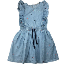 Load image into Gallery viewer, Girls Country Road, chambray cotton ruffle dress, GUC, size 6, L: 62cm