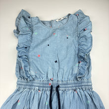 Load image into Gallery viewer, Girls Country Road, chambray cotton ruffle dress, GUC, size 6, L: 62cm
