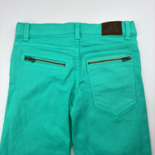 Load image into Gallery viewer, Unisex Little Rivet Jeans, green stretch denim jeans, adjustable, Inside leg: 57cm, EUC, size 8,  