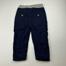 Load image into Gallery viewer, Boys RORIE WHELAN, lined navy cotton pants, elasticated, Inside leg: 24.5cm, EUC, size 2,  