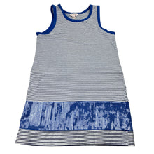 Load image into Gallery viewer, Girls Fox &amp; Finch, navy striped stretchy dress, sequins, GUC, size 7, L: 62cm