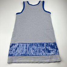 Load image into Gallery viewer, Girls Fox &amp; Finch, navy striped stretchy dress, sequins, GUC, size 7, L: 62cm