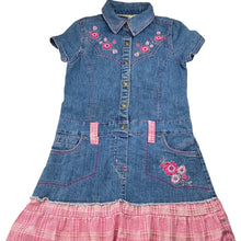 Load image into Gallery viewer, Girls Self Esteem, embroidered stretch denim shirt dress, discolouration on front, FUC, size 7-8, L: 66cm
