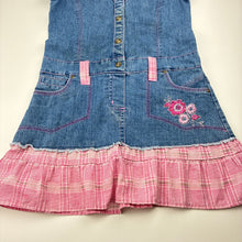 Load image into Gallery viewer, Girls Self Esteem, embroidered stretch denim shirt dress, discolouration on front, FUC, size 7-8, L: 66cm
