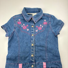 Load image into Gallery viewer, Girls Self Esteem, embroidered stretch denim shirt dress, discolouration on front, FUC, size 7-8, L: 66cm