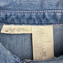 Load image into Gallery viewer, Girls Self Esteem, embroidered stretch denim shirt dress, discolouration on front, FUC, size 7-8, L: 66cm