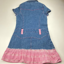 Load image into Gallery viewer, Girls Self Esteem, embroidered stretch denim shirt dress, discolouration on front, FUC, size 7-8, L: 66cm