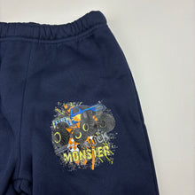 Load image into Gallery viewer, Boys navy, fleece lined track pants, Monster Truck, Inside leg: 37cm, EUC, size 3,  