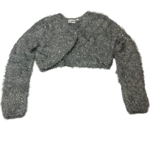 Load image into Gallery viewer, Girls Origami, fluffy grey knit / silver sequin bolero cardigan , EUC, size 10,  