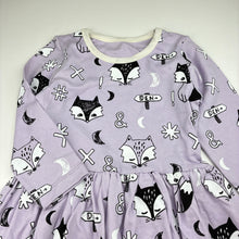 Load image into Gallery viewer, Girls Milk &amp; Masuki, organic cotton long sleeve dress, foxes, labels removed, EUC, size 5, L: 55cm at front