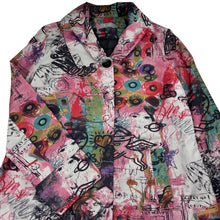 Load image into Gallery viewer, Womens RJ WEAR, colourful graffiti print lightweight jacket / coat, L: 87cm, armpit to armpit: 56cm, shoulder to cuff: 62cm, EUC, size 14,  