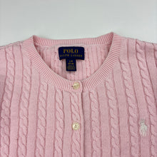 Load image into Gallery viewer, Girls Polo Ralph Lauren, pink cotton cable knit cardigan, marks left sleeve &amp; cuffs, FUC, size 12-14,  