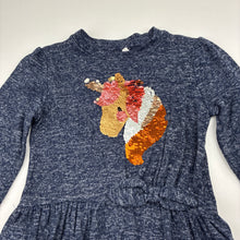 Load image into Gallery viewer, Girls Milkshake, stretchy knit dress, sequin unicorn, no size, armpit to armpit: 29cm, shoulder to cuff: 37cm, GUC, size 5, L: 54cm