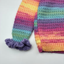 Load image into Gallery viewer, Girls hand made, colourful knitted cardigan, armpit to armpit: 36cm, armpit to cuff: 32cm, GUC, size 6-8,  