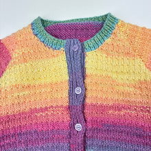 Load image into Gallery viewer, Girls hand made, colourful knitted cardigan, armpit to armpit: 36cm, armpit to cuff: 32cm, GUC, size 6-8,  