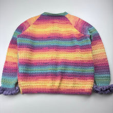 Load image into Gallery viewer, Girls hand made, colourful knitted cardigan, armpit to armpit: 36cm, armpit to cuff: 32cm, GUC, size 6-8,  