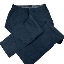 Load image into Gallery viewer, Mens JEFF BANKS, slim fit navy stretch cotton chino pants, W: 38.5cm across, Inside leg: 77.5cm, GUC, size 30,  