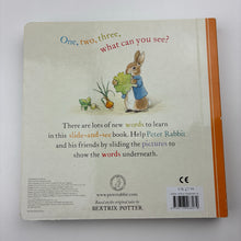Load image into Gallery viewer, Books Peter Rabbit, First Words, Slide-and-See, Board Book, GUC,