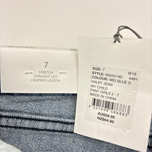 Load image into Gallery viewer, Girls Witchery, blue stretch straight leg, cropped jeans, adjustable, Inside leg: 45cm, NEW, size 7,  
