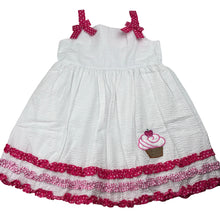 Load image into Gallery viewer, Girls De La Fontaine, lined white &amp; pink party dress, cupcakes, EUC, size 6, L: 61cm