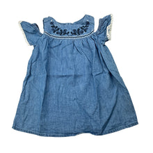 Load image into Gallery viewer, Girls Dymples, embroidered chambray cotton dress, GUC, size 00, L: 38cm