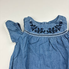 Load image into Gallery viewer, Girls Dymples, embroidered chambray cotton dress, GUC, size 00, L: 38cm