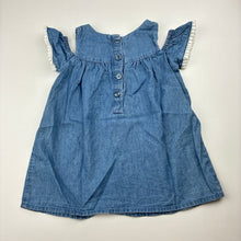Load image into Gallery viewer, Girls Dymples, embroidered chambray cotton dress, GUC, size 00, L: 38cm