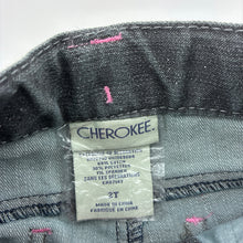 Load image into Gallery viewer, Girls Cherokee, grey stretch denim jeans, silver glitter, adjustable, Inside leg: 30cm, FUC, size 2,  