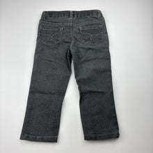 Load image into Gallery viewer, Girls Cherokee, grey stretch denim jeans, silver glitter, adjustable, Inside leg: 30cm, FUC, size 2,  