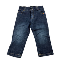Load image into Gallery viewer, Girls Carter's, dark denim embroidered jeans, elasticated, GUC, size 12 months,  