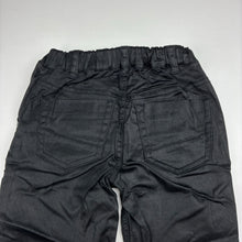 Load image into Gallery viewer, Girls Petit Lem, black shiny stretch cotton pants, elasticated, Inside leg: 31cm, EUC, size 1-2,  