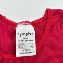 Load image into Gallery viewer, Girls Dymples, red ribbed cotton Christmas singlet, FUC, size 0,  