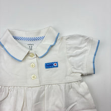 Load image into Gallery viewer, Girls Carter's, white cotton polo dress, flowers, EUC, size 12 months, L: 38cm