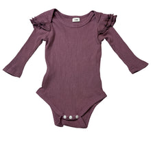 Load image into Gallery viewer, Girls purple, ribbed ruffle bodysuit / romper, GUC, size 00,  
