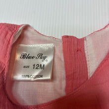 Load image into Gallery viewer, Girls Blue Sky, lined crinkle cotton dress, discolouration on front, FUC, size 12 months, L: 45cm