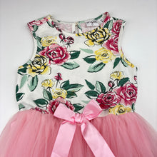 Load image into Gallery viewer, Girls Origami, cotton lined tulle &amp; floral party dress, light marks on bodice, FUC, size 6, L: 61cm